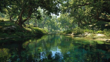 Tranquil forest stream, lush greenery, sunlight, reflection, idyllic nature scene, travel brochure