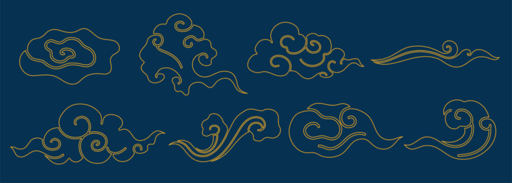 Elegant gold cloud patterns on a dark blue background. Decorative clouds, swirling and intricate, harmonious and artistic design. Gold clouds, blue background. Chinese weather elements, vector set.