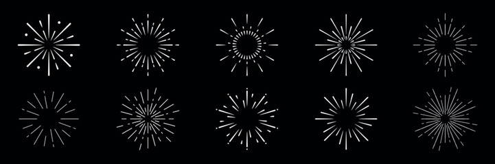 Obraz premium Set of 10 abstract starburst designs. Starburst patterns in various styles. Black and white starburst illustrations. Decorative starburst elements. Festive elements, vector set.
