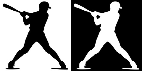 Dynamic silhouette of a baseball batter in a wide stance holding a bat and wearing a helmet.