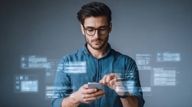 Technical Professional Interacts With Smartphone While Digital Data Overlays Surround Him in Modern Workspace - Powered by Adobe