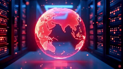A glowing red globe representing Africa, surrounded by server racks in a high-tech data center - Powered by Adobe
