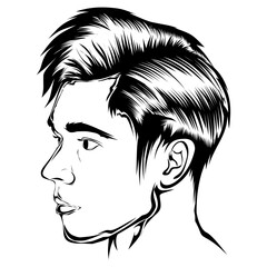 Stylized black and white profile portrait of a young man with a modern textured haircut.