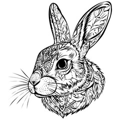 Stylized rabbit head illustration with intricate ornamental and tribal patterns Black and white line art.