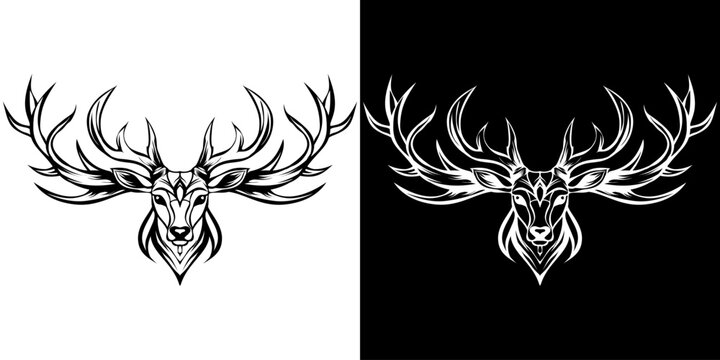 Symmetrical tribal-style deer head illustration with large majestic antlers.