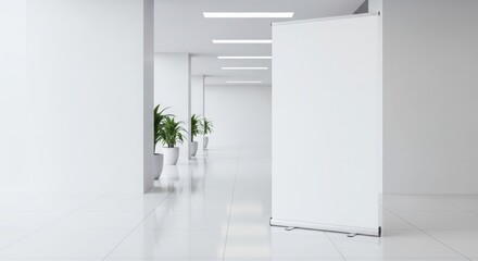 Blank roll up banner mockup in minimalist office hallway with white tiles and clean lighting
