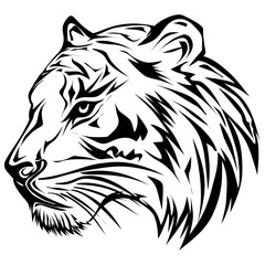 Stylized black and white tiger head profile with sharp tribal tattoo-style markings.