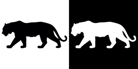 A powerful walking tiger silhouette in profile presented in black and white contrast.