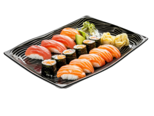 Assortment of fresh sushi and sashimi on a clear tray isolated on white background