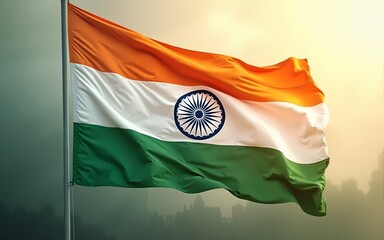 Dynamic depiction of the Indian flag against a gradated background scene. High quality