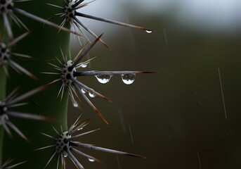 Obraz premium Captivating cactus details glistens with refreshing raindrops during a refreshing rain shower, creating a serene and natural desert vibe