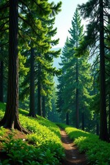 Fototapeta premium Lush green foliage of young trees contrasting older pines , deciduous, landscape