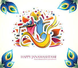 Celebrating happy Janmashtami festival of India with llustration of Lord Krishna playing bansuri (flute) and dahi handi competition with text in Hindi meaning 'Krishan Janmashtami'- vector background