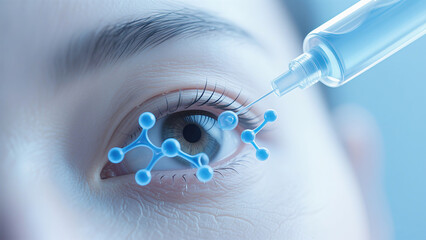 Eye close-up, blue molecules and eyedroppers represent eye care technology, and are used for the promotion of eye essence and eye care products.