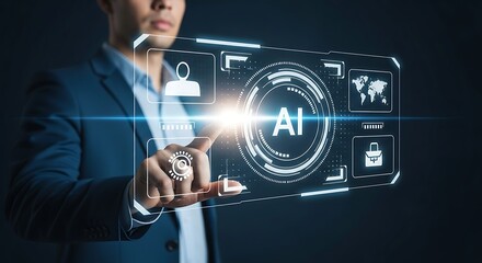 Man in suit interacting with ai interface showing profile map and briefcase icons on dark background