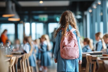 Schoolgirl walking through the bustling school canteen, surrounded by classmates sitting at tables and enjoying their lunch together