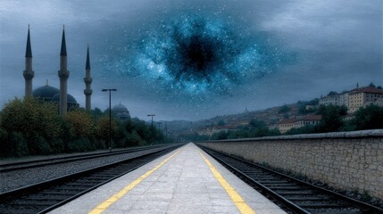 Fototapeta premium Train tracks leading toward a distant city with mosque minarets under a starry night sky