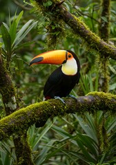 Obraz premium Stunning toucan perched on mossy branch in lush rainforest, a vibrant portrait of exotic wildlife ideal for nature documentaries and travel advertisements
