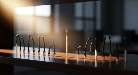 Ai generated image of burnt matchsticks arranged on a table with one standing tall in the light