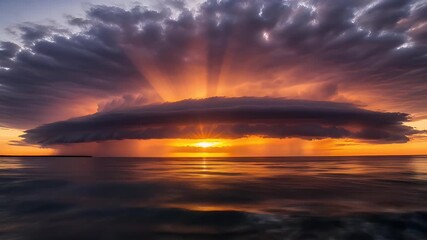 Awe-Inspiring Fiery Sunset Over the Ocean with Dramatic Storm Clouds and Brilliant God Rays. - Powered by Adobe