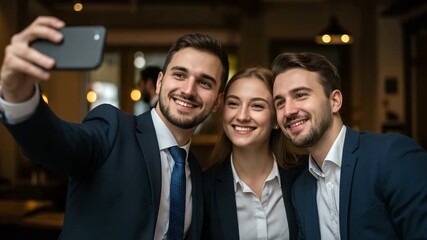 Happy diverse business team taking a group selfie with a smartphone in a modern office setting - Powered by Adobe