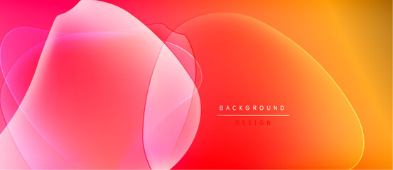 Abstract vibrant background. Overlapping shapes create dynamic, colorful composition. Gradient transitions from pink to orange hues dominate design.