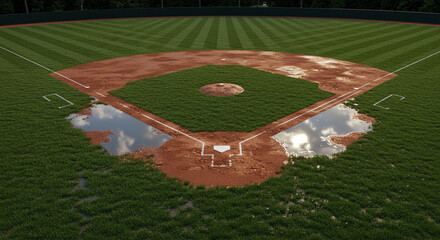 Empty Baseball Field with Puddles After Heavy Rain Reflecting Sky