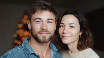 Obraz premium A smiling young man with a beard and a woman with brown hair indoors with blurred lights