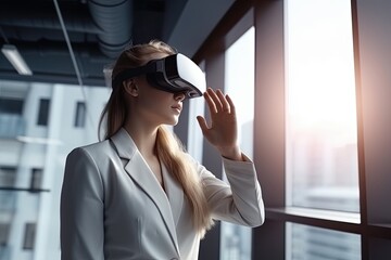 Businesswoman using a virtual reality headset in a modern office, futuristic technology theme
