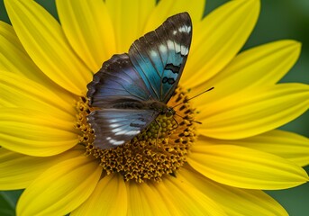 Vibrant blue morpho butterfly resting gracefully on a bright yellow sunflower, creating a stunning contrast perfect for nature and beauty projects