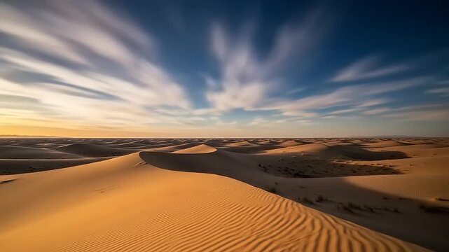 Dramatic Desert Landscape at Sunset with Swirling Clouds Stunning Sand Dunes and Vibrant Sky