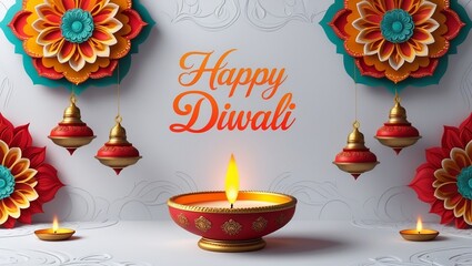 Naklejka premium Happy Diwali greeting card with glowing diya lamp, vibrant mandala floral decorations, and festive hanging oil lamps – AI-Generated