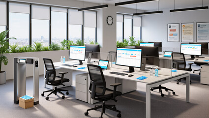 Modern office space, featuring orderly desks, computer monitors, ergonomic chairs and plants creating a productive atmosphere.