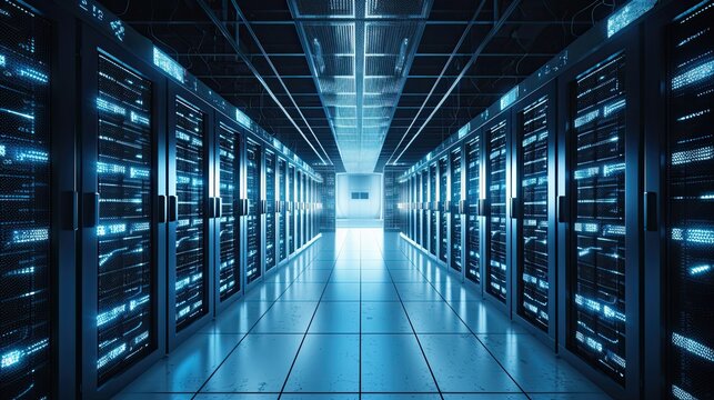 Cloud computing data centers with rows of servers, blue and white lighting, high detail , Modern data center aisle with rows of server racks and glowing blue lights, representing technology .