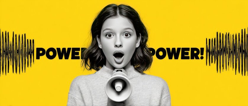 Colorful Portrait of Surprised Woman with Megaphone on Vibrant Yellow Background - Powered by Adobe