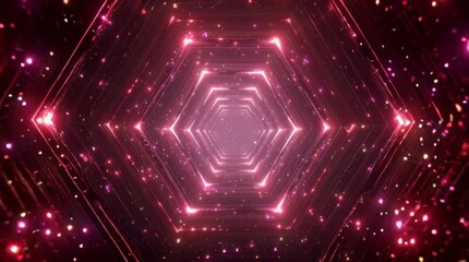 endless futuristic tunnel with glowing pink hexagonal frames surrounded by sparkling particles creating a seamless and immersive abstract digital journey - Powered by Adobe