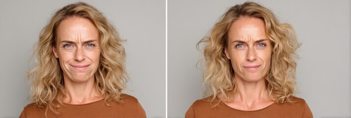 Woman Displaying Mixed Emotions With Curly Hair Against a Plain Backdrop in a Neutral Setting