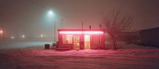 Pink-lit snow-covered building at night