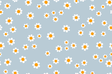 Seamless Daisy Pattern with White Petals and Orange Centers on Blue Background