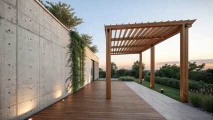 Fototapeta premium Modern pergola on a wooden deck with concrete wall in the evening light