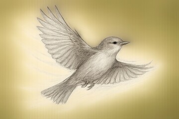 Detailed pencil sketch of a small bird in flight on a yellow background
