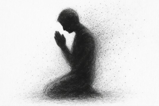 Silhouette of kneeling figure with hands clasped in prayer fading away