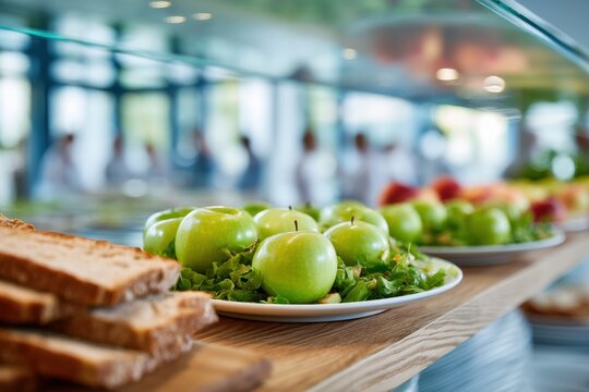 Plates with fresh green apples and whole wheat bread sandwiches offering a balanced and nutritious meal in a bustling school cafeteria environment