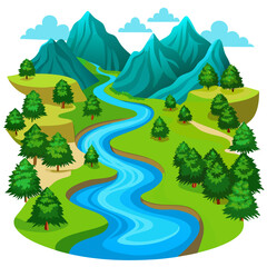 Winding River in Green Valley Vector Illustration