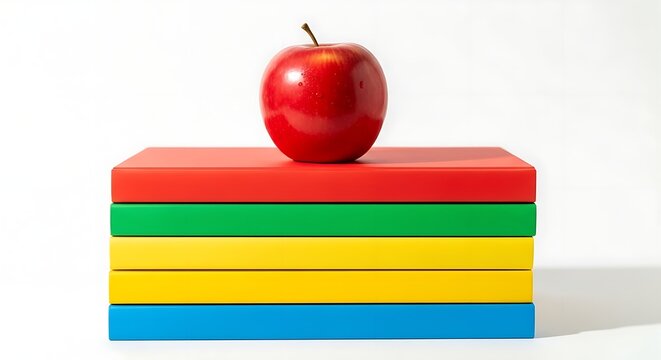 A shiny red apple resting atop a stack of colorful books against a plain white background scene view