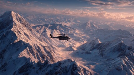 Helicopter in the mountains in the winter