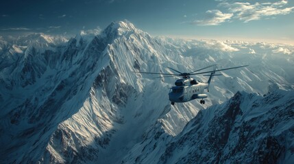 Helicopter in the mountains in the winter