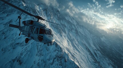 Helicopter in the mountains in the winter