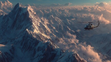 Helicopter in the mountains in the winter