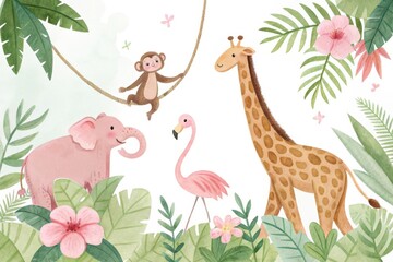 Charming watercolor jungle scene with playful animals and lush foliage